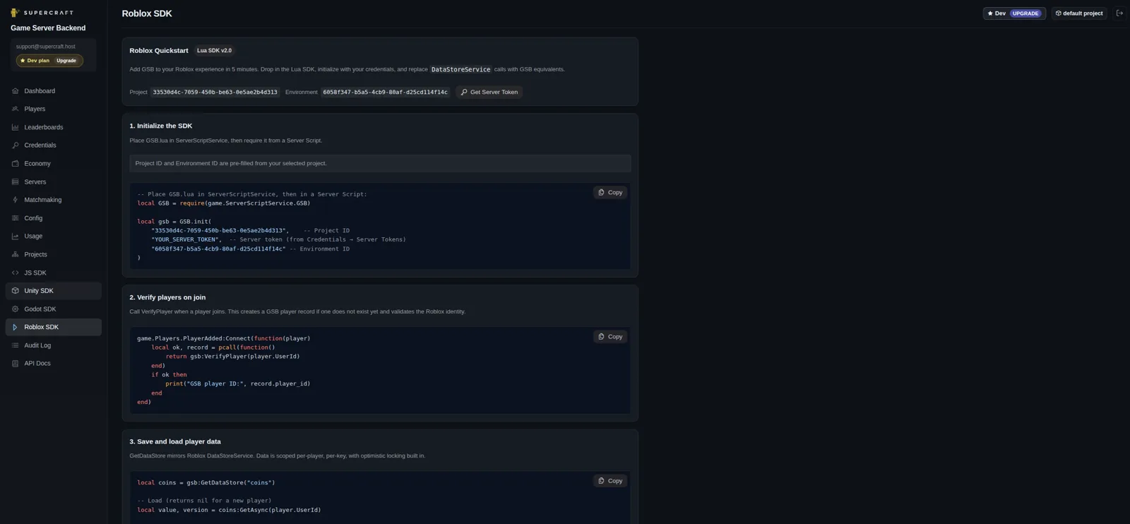 Crux Roblox SDK quickstart panel