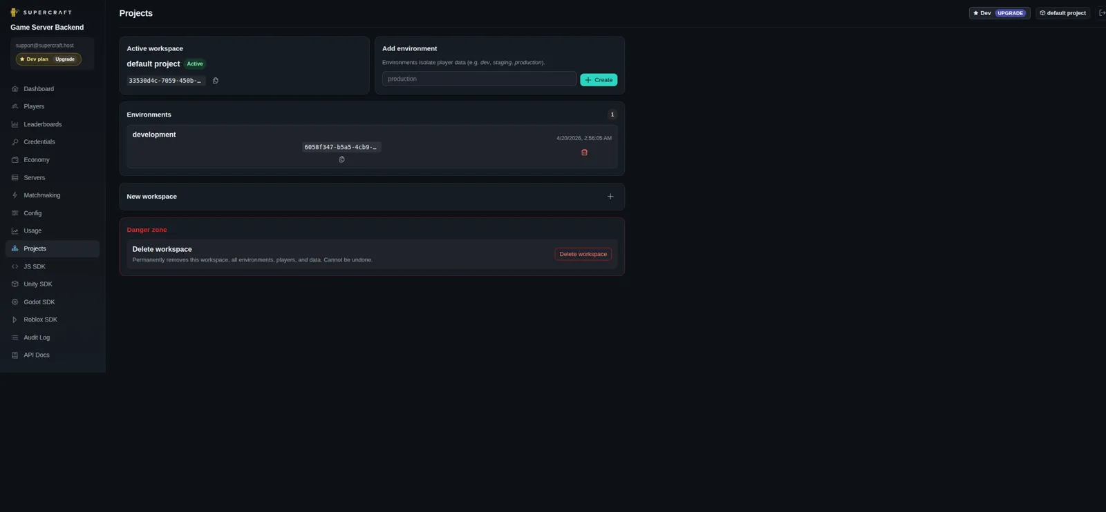Crux workspaces and environments settings